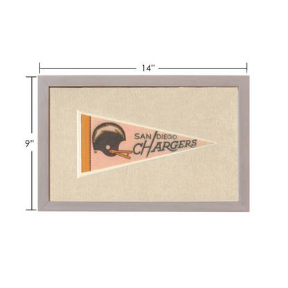 Vintage San Diego Chargers pennant in gray frame on pink background