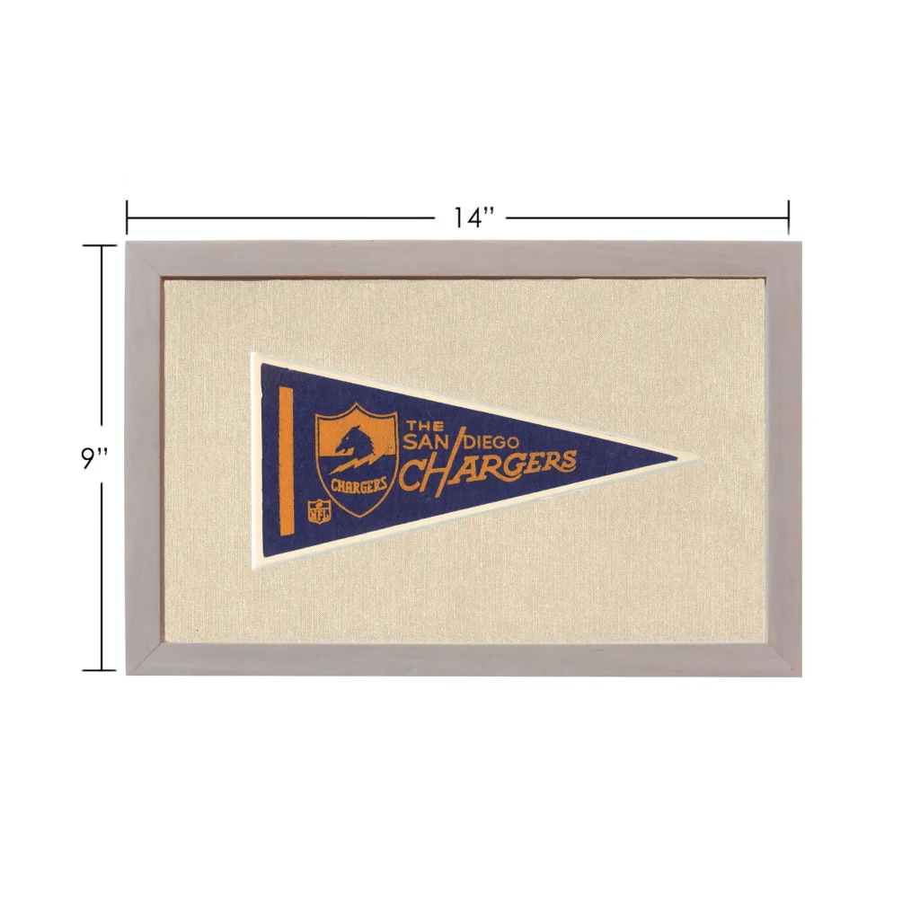 Vintage San Diego Chargers pennant in navy blue and orange, gray frame