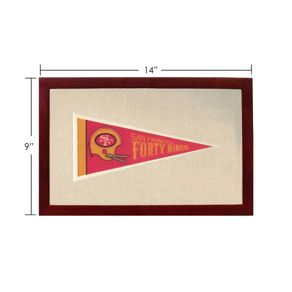 Vintage San Francisco 49ers pennant framed in red and gold