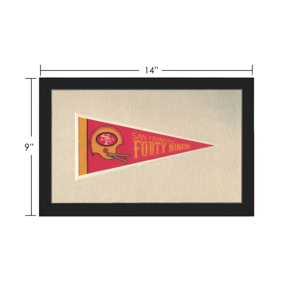Vintage San Francisco 49ers pennant in red and gold frame