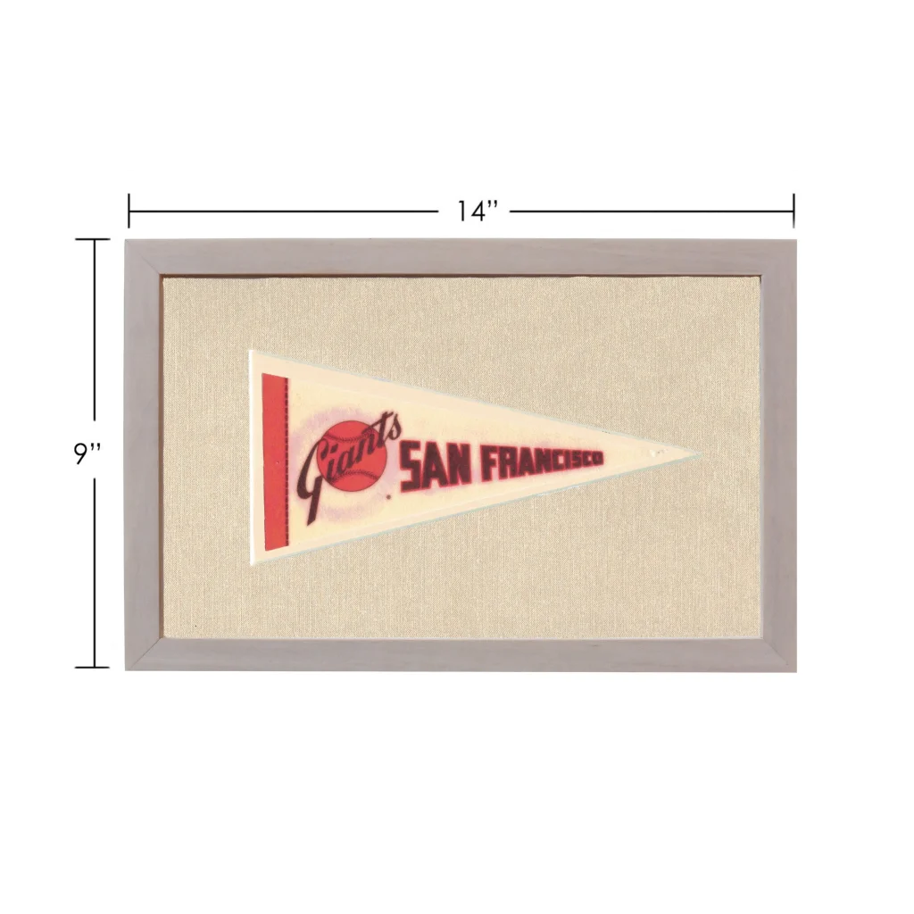 Vintage San Francisco Giants pennant in gray frame with red and black lettering on cream background