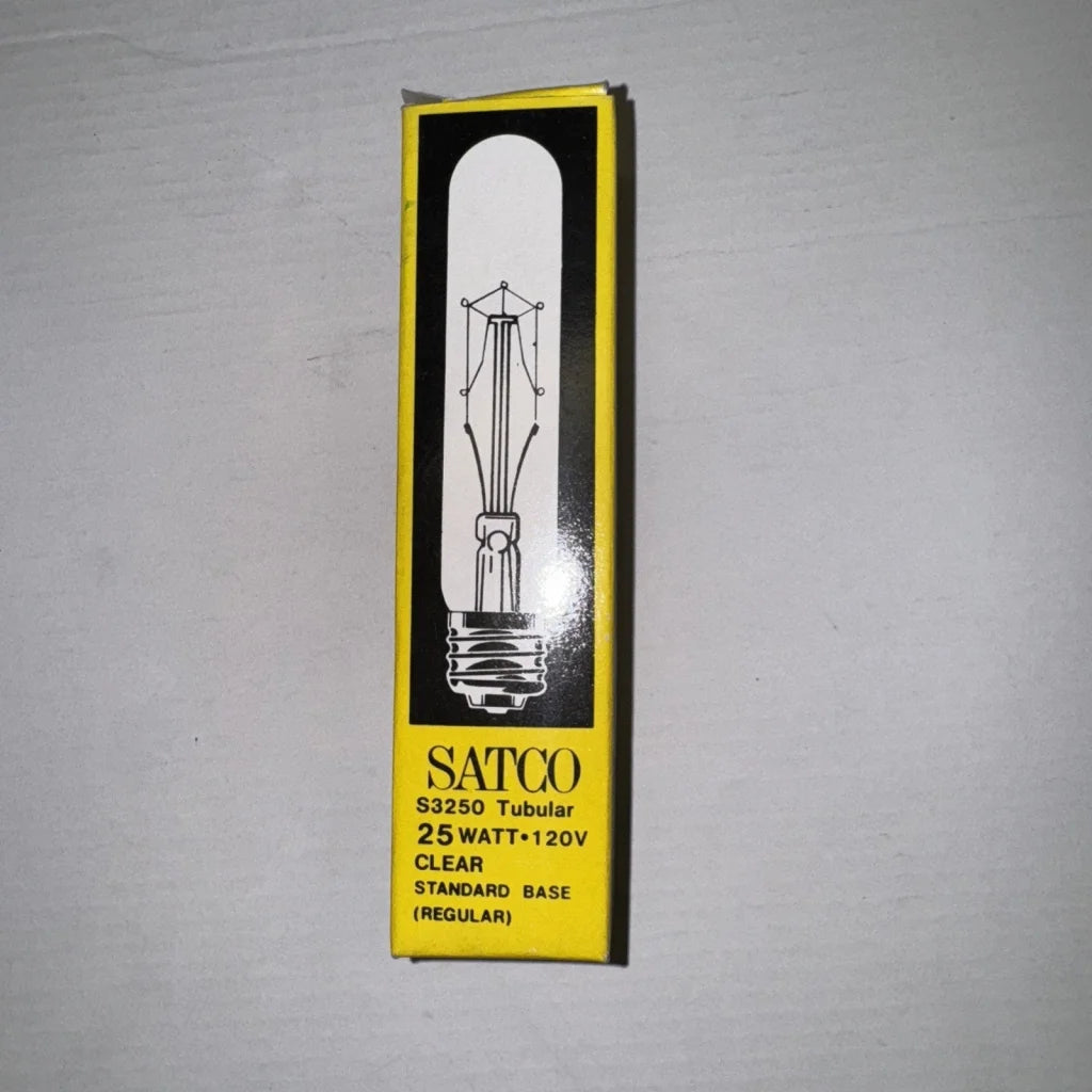 Vintage Satco S3250 tubular light bulb, 25W 120V clear glass standard base