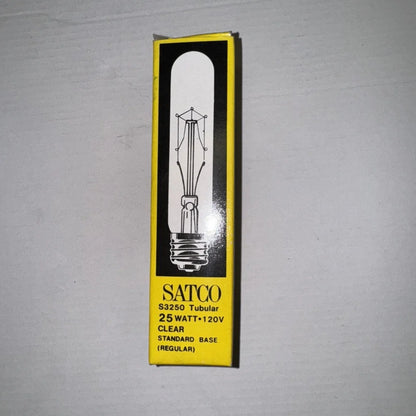 Vintage Satco S3250 tubular light bulb, 25W 120V clear glass standard base