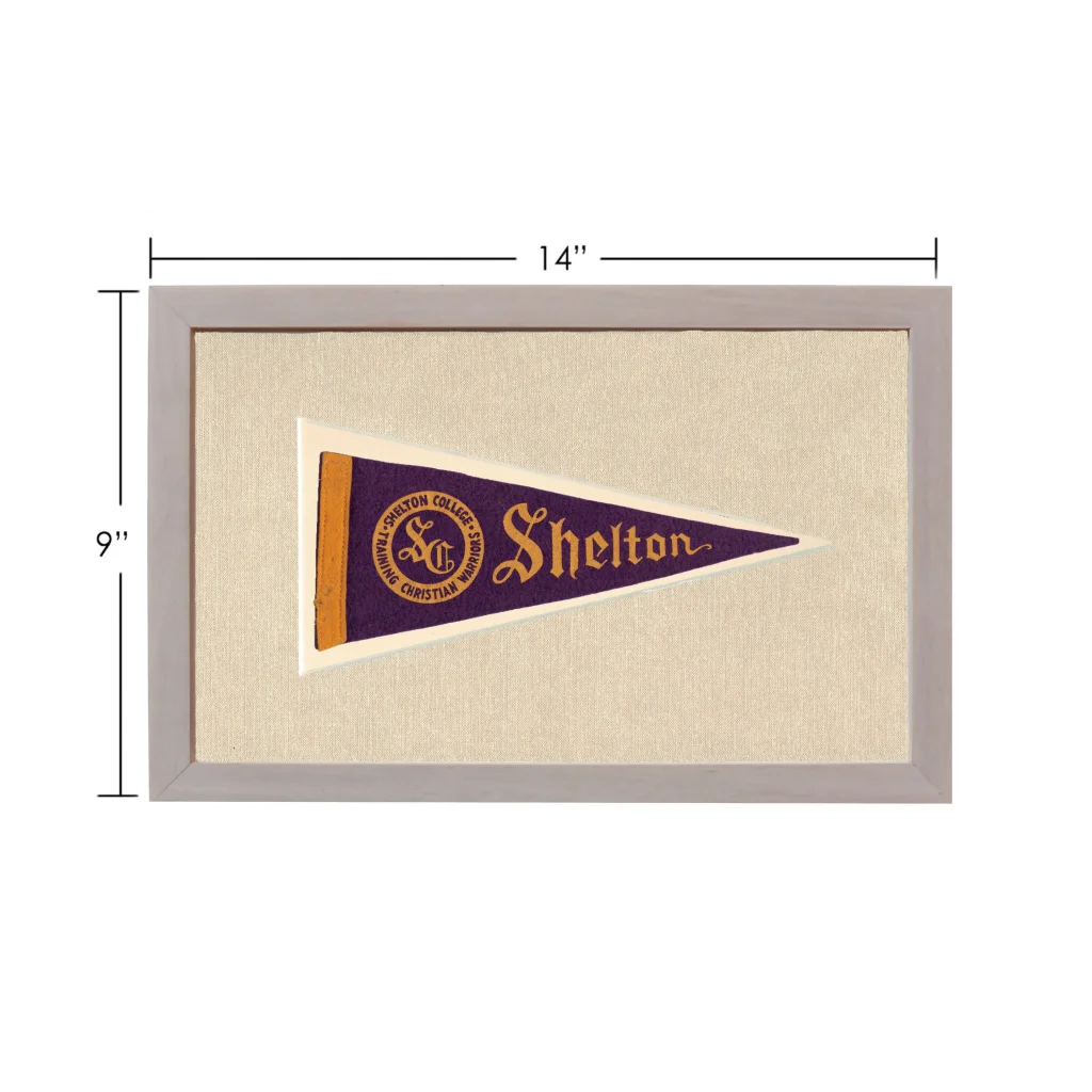Vintage Shelton College pennant in deep purple with gold lettering