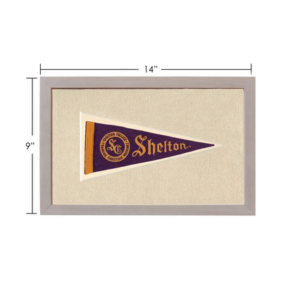 Vintage Shelton College pennant in deep purple with gold lettering