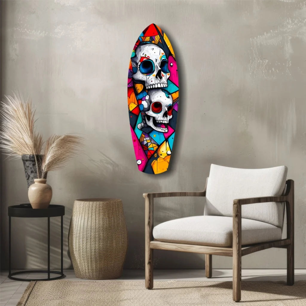 Vibrant skull surfboard tempered glass art with geometric mosaic patterns