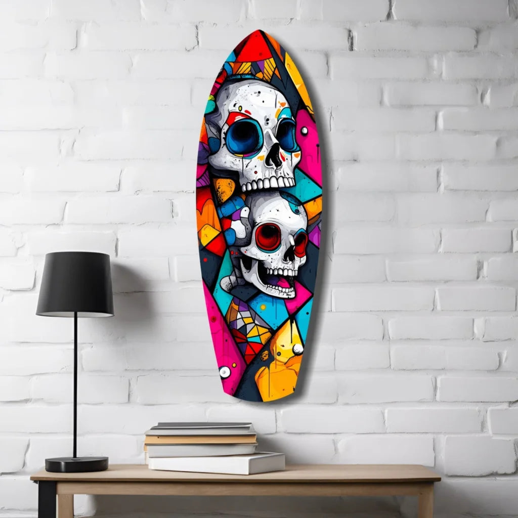 Vibrant skull surfboard tempered glass art with geometric patterns