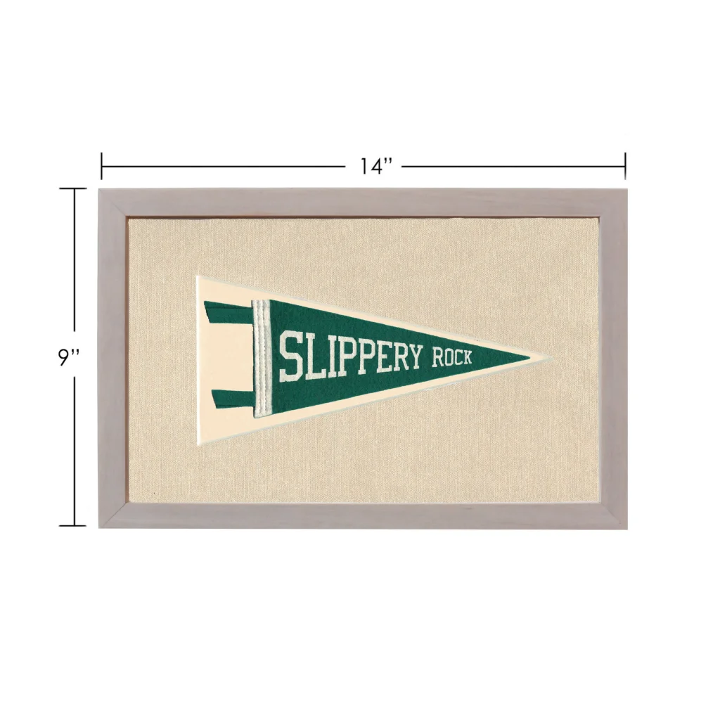 Vintage Slippery Rock University pennant in green and cream frame