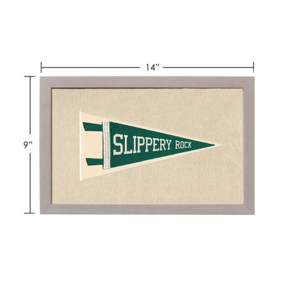 Vintage Slippery Rock University pennant in green and cream frame