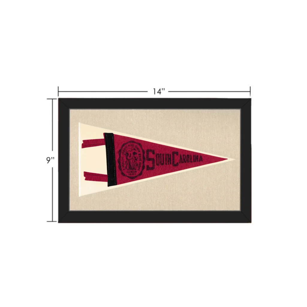 A vintage south carolina pennant in maroon and cream felt with embroidered lettering and logo framed for display