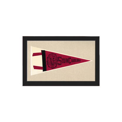A framed vintage south carolina pennant with a maroon triangular flag and black lettering on textured backing