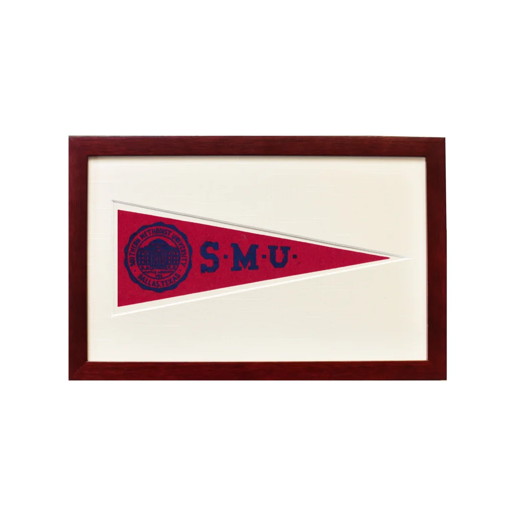 Vintage Southern Methodist University 1950s pennant flag with red white frame and smu logo