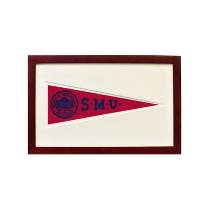 Vintage Southern Methodist University 1950s pennant flag with red white frame and smu logo