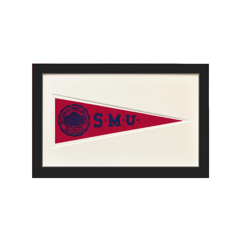 Vintage Southern Methodist University 1950s red blue pennant flag with SMU logo