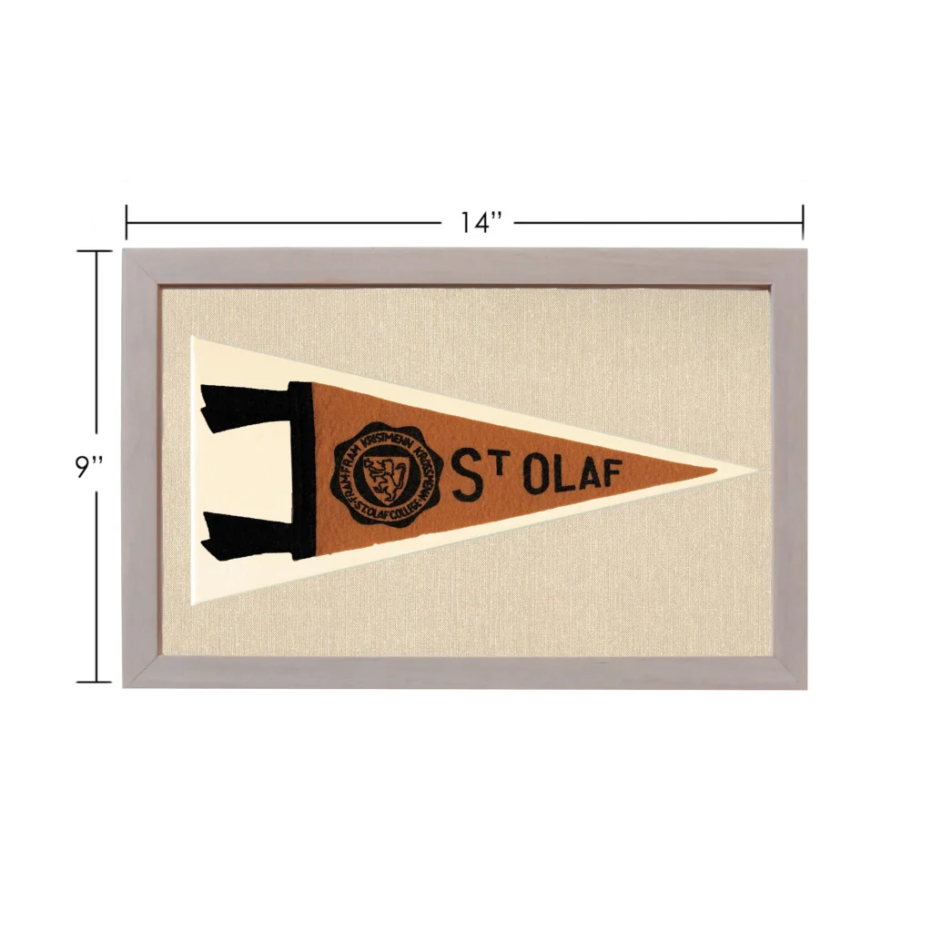 Framed vintage St. Olaf College pennant display
