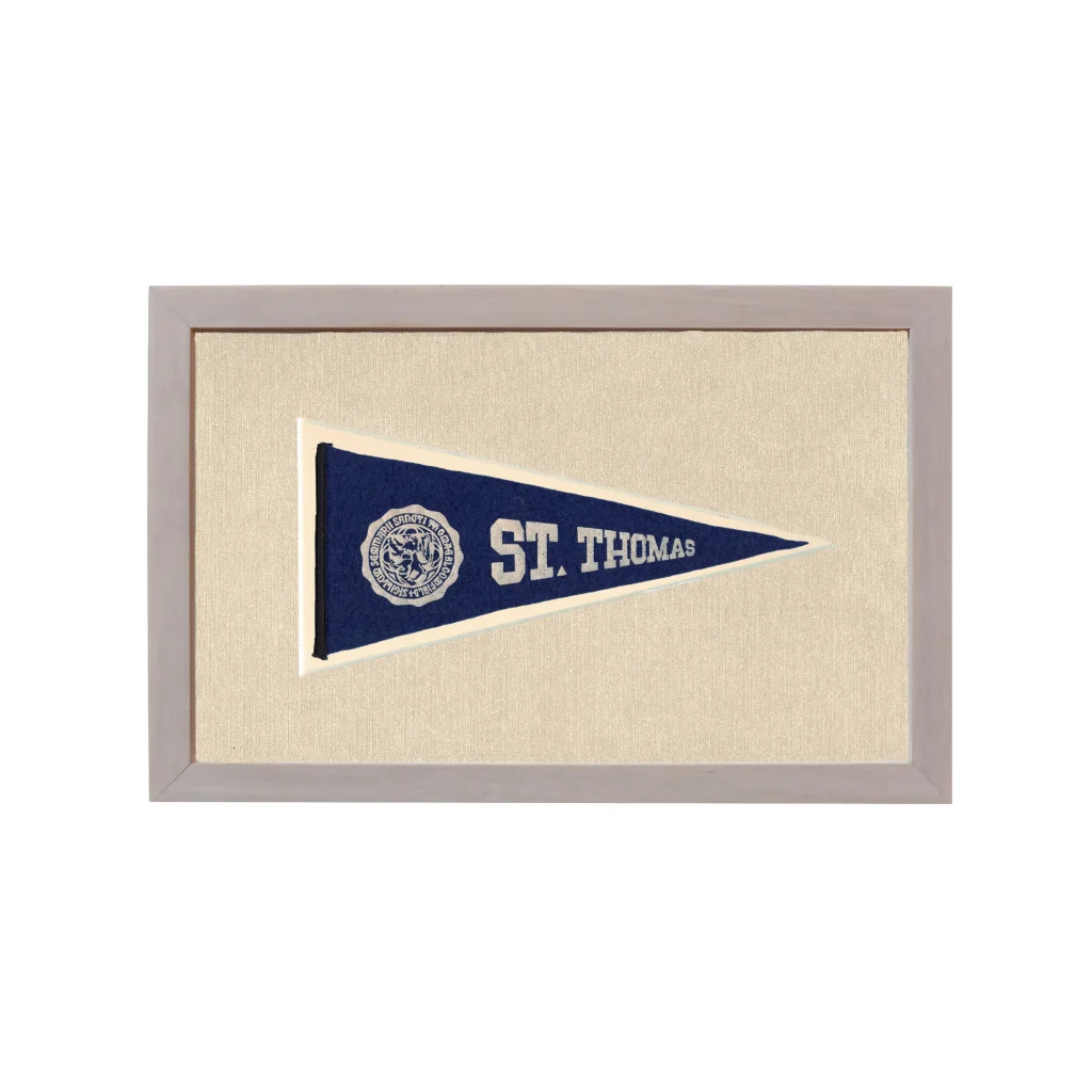 Vintage St. Thomas pennant in navy blue felt with white St. embroidery