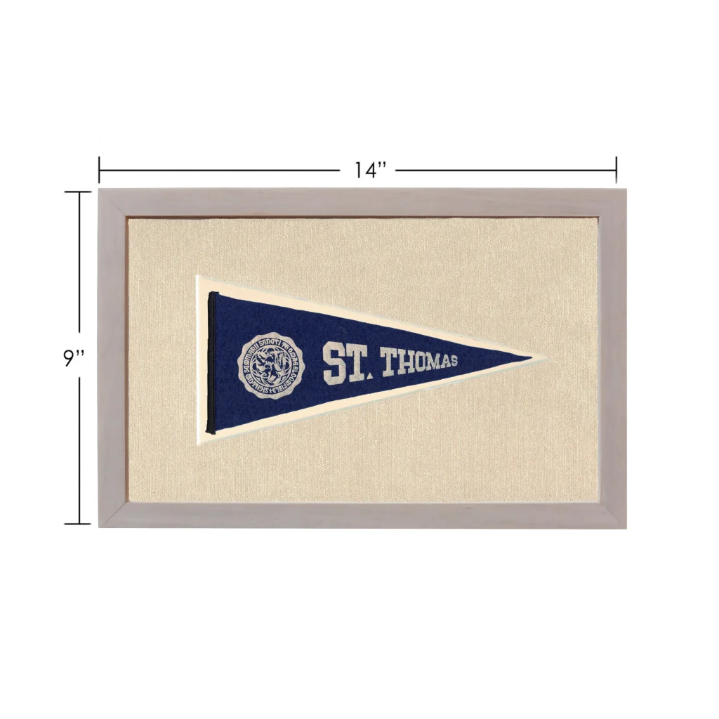 Framed vintage St. Thomas pennant in navy blue felt with white embroidery