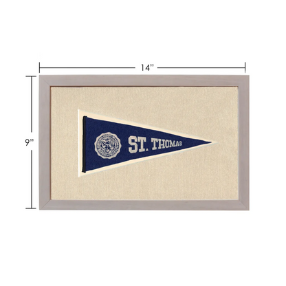 Framed vintage St. Thomas pennant in navy blue felt with white embroidery
