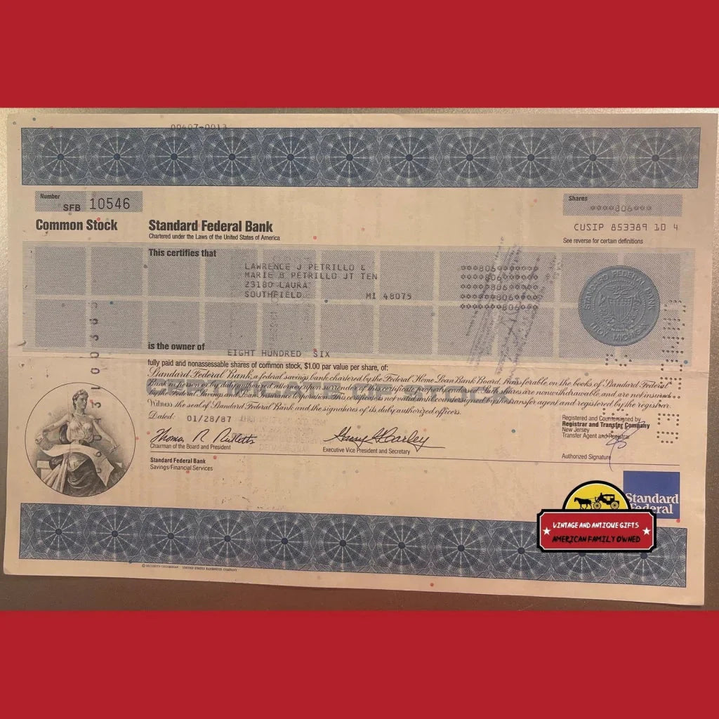 Vintage Standard Federal Bank Stock Certificate Troy Mi 1980s Icon Since 1893 Rip Advertisements Rare Cert. MI - since