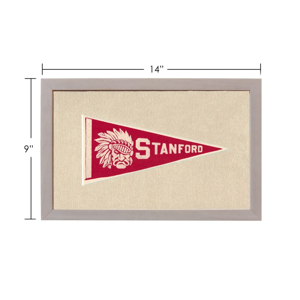 Vintage Stanford University pennant with red felt, white embroidered logo, feathered headdress, gray border