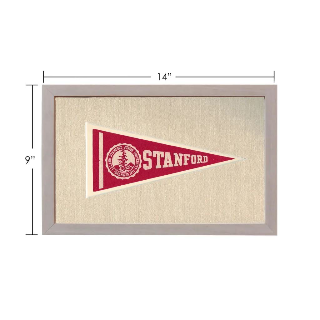 Vintage Stanford University pennant in red and white, framed in gray