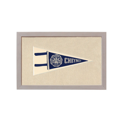 Vintage state teachers college pennant in cream and navy blue, framed