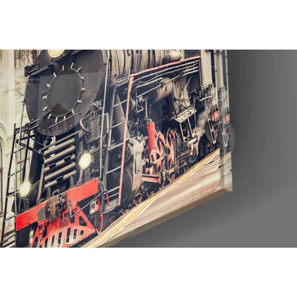 Vintage black and red steam locomotive glass wall art print