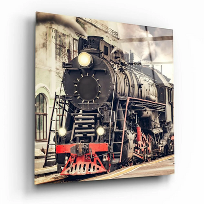 Black and red vintage steam locomotive glass wall art print