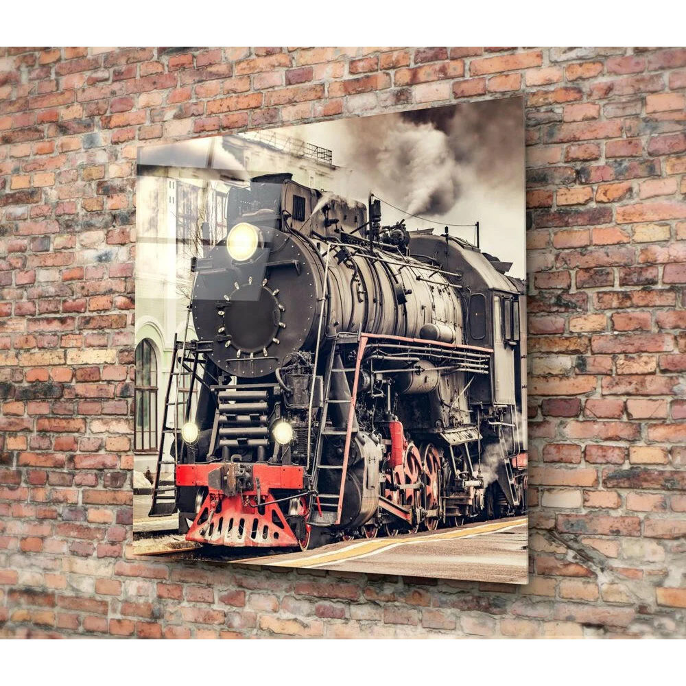 Sepia vintage steam locomotive glass wall art print on brick wall
