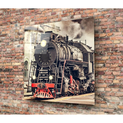 Sepia vintage steam locomotive glass wall art print on brick wall