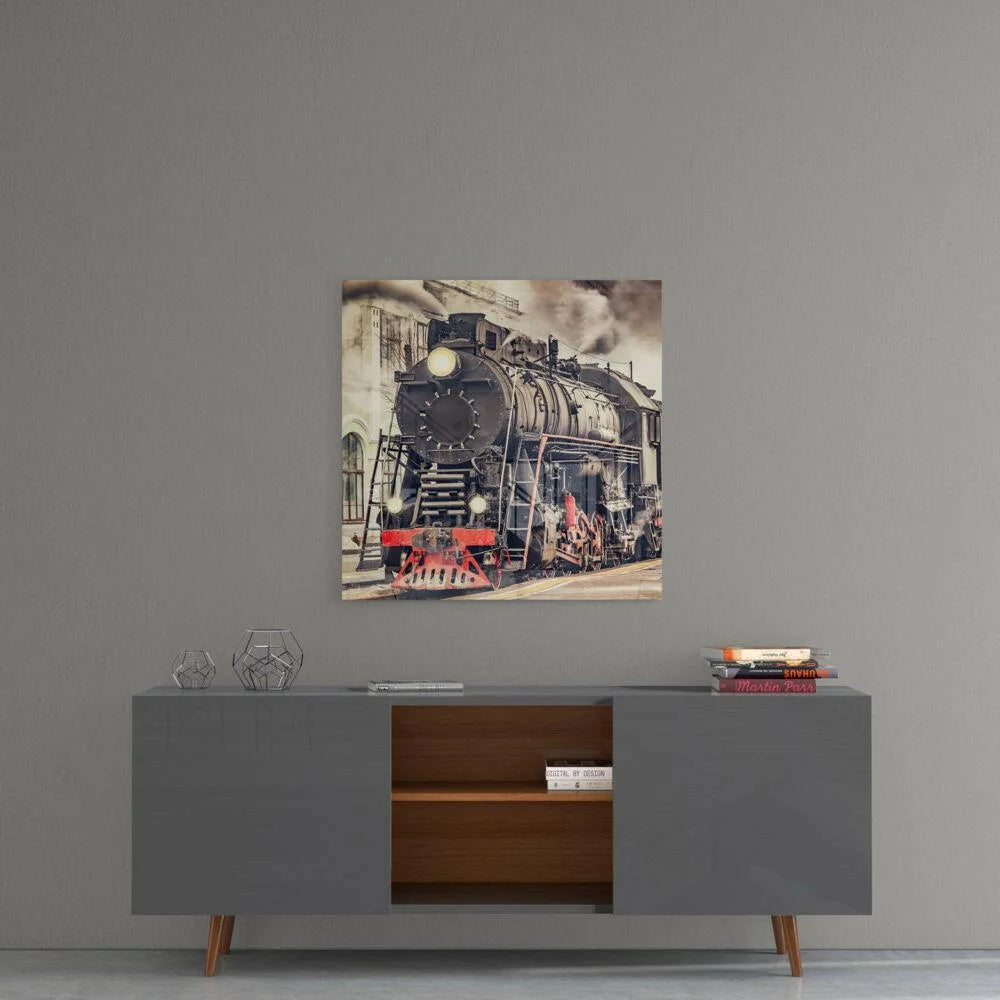 Vintage steam locomotive on glass wall art print with black red accents