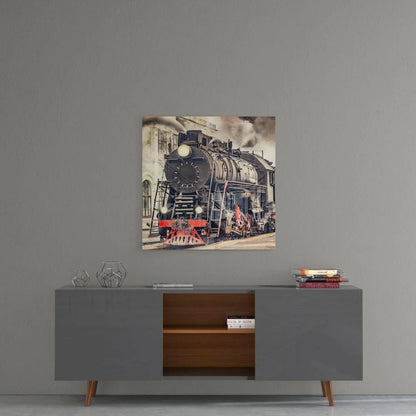 Vintage steam locomotive on glass wall art print with black red accents