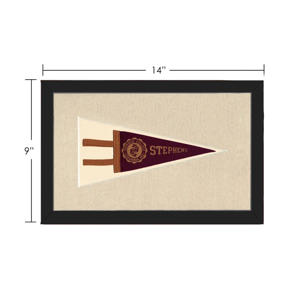Vintage Stephens College pennant in maroon, cream, black frame