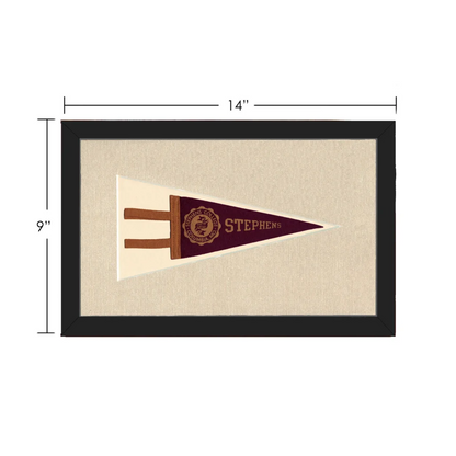 Vintage Stephens College pennant in maroon, cream, black frame