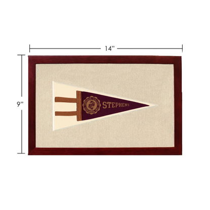 Vintage Stephens College pennant in maroon and cream, framed