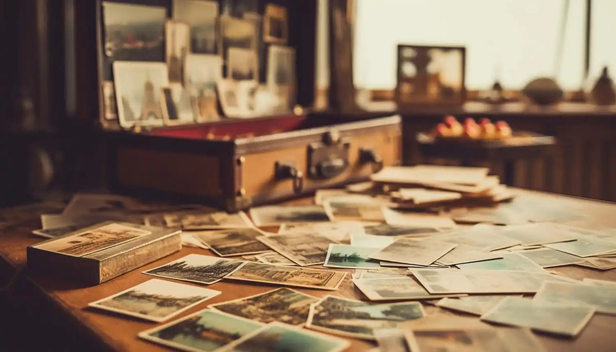 Vintage suitcase with scattered photographs.