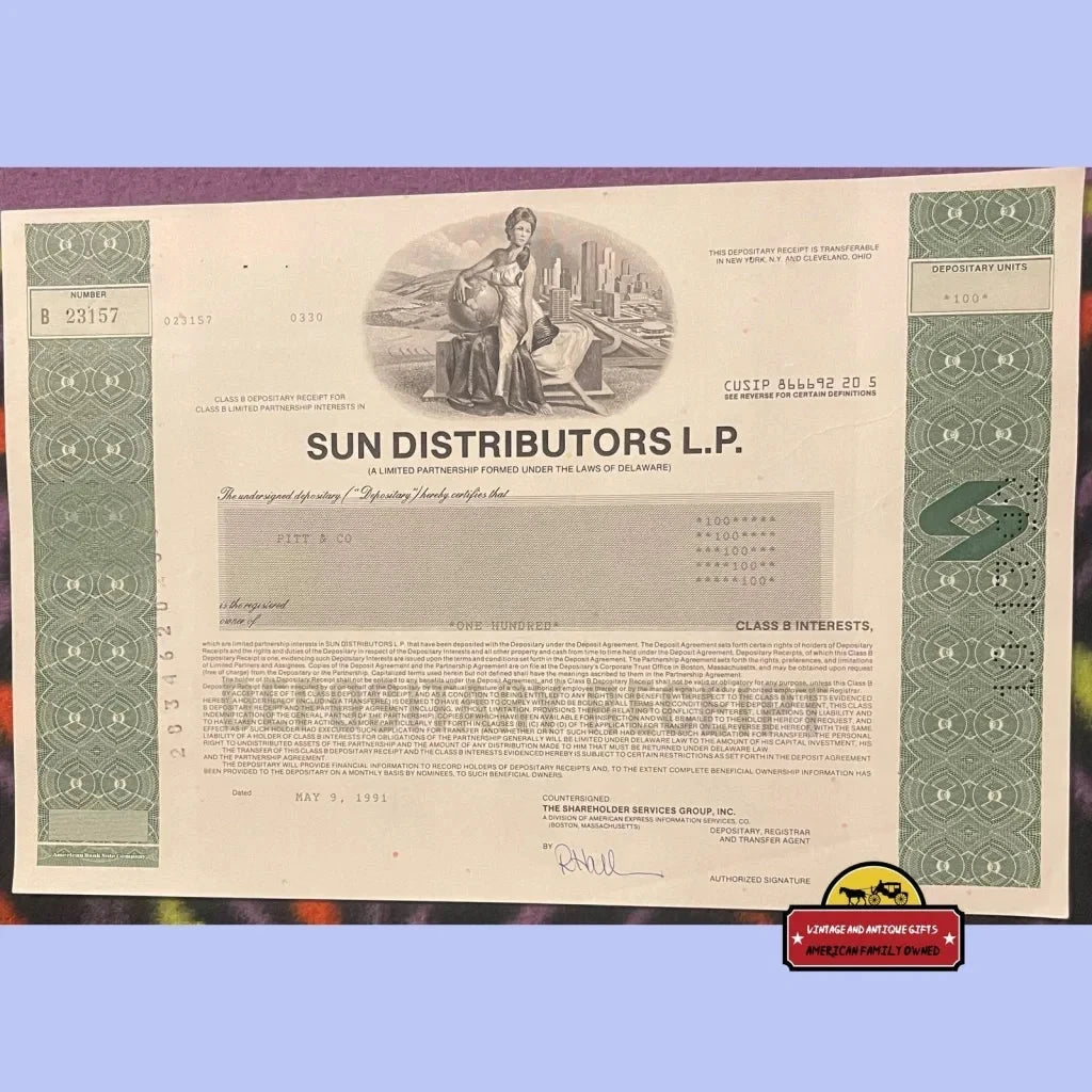 Vintage Sun Distributors Stock Certificate b Started By Sunoco American Oil And Gas 1990s - Advertisements - Antique