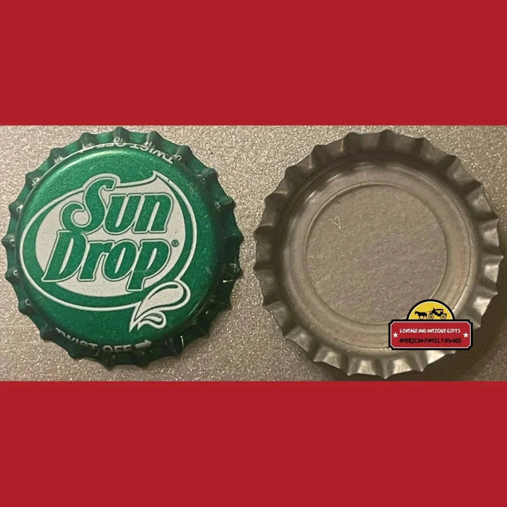 Vintage Sun Drop bottle cap from the 1980s, showcasing top and bottom views