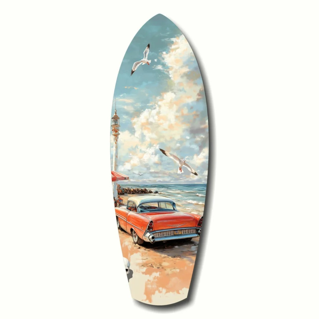 1950s vintage car surfboard tempered glass wall art