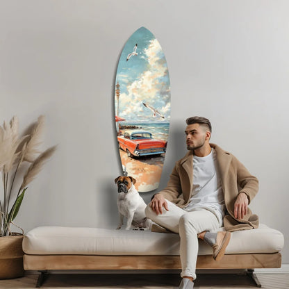 Vintage surf car tempered glass art with beach scene, blue background, wooden frame