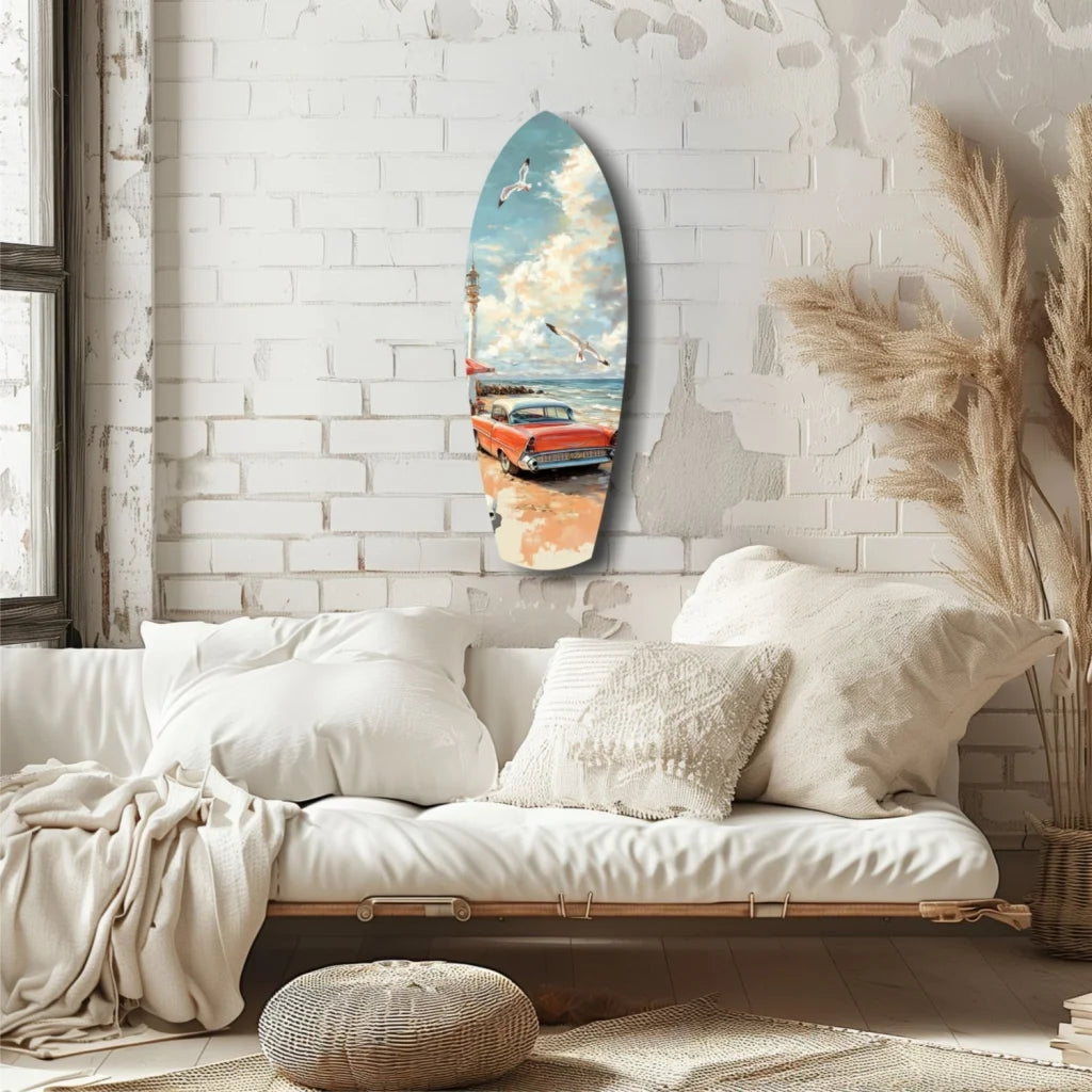 Vintage surf car tempered glass art, blue-white surfboard design, wooden frame
