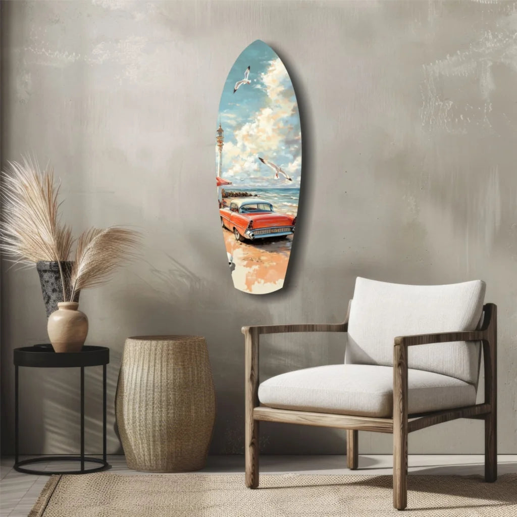 Vintage surf car tempered glass art with blue orange accents