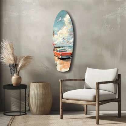 Vintage surf car tempered glass art with blue orange accents