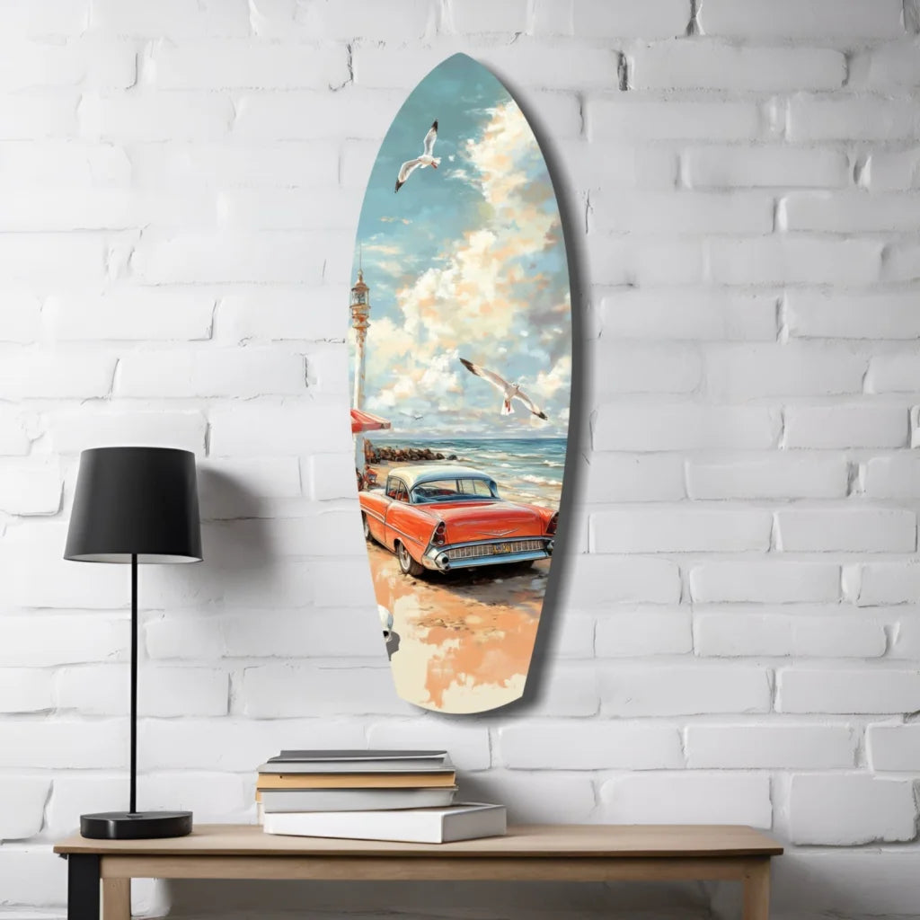 Vintage surf car tempered glass art with seagulls on blue background