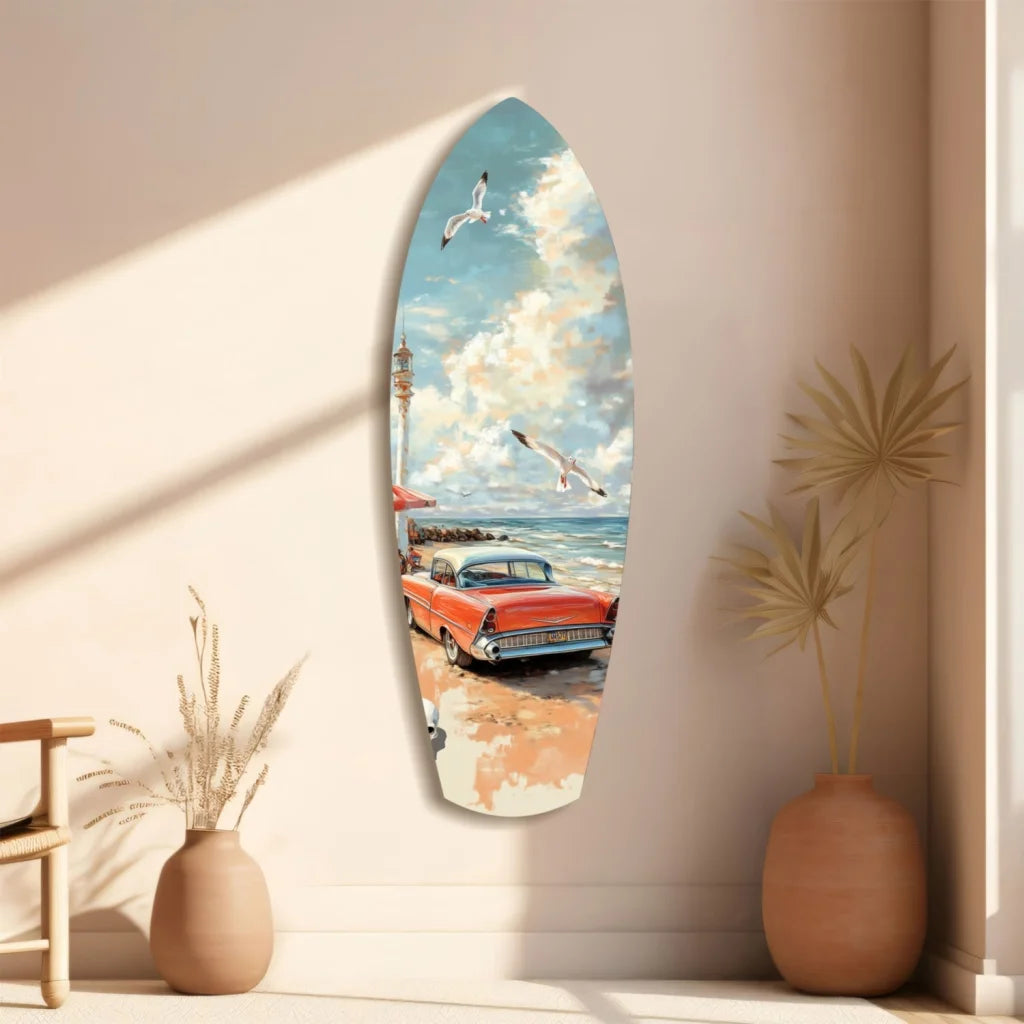 Vintage surf car tempered glass art with seagulls on blue background