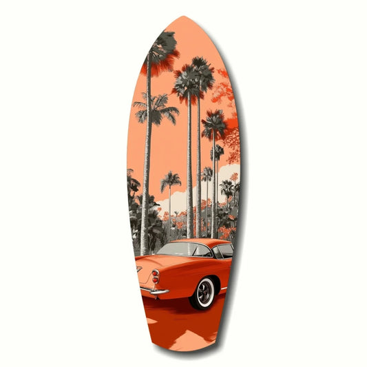 1960s orange classic car surfboard tempered glass art with size comparison