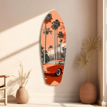 Vintage surf tempered glass art with orange car, surfboard, palms on coral