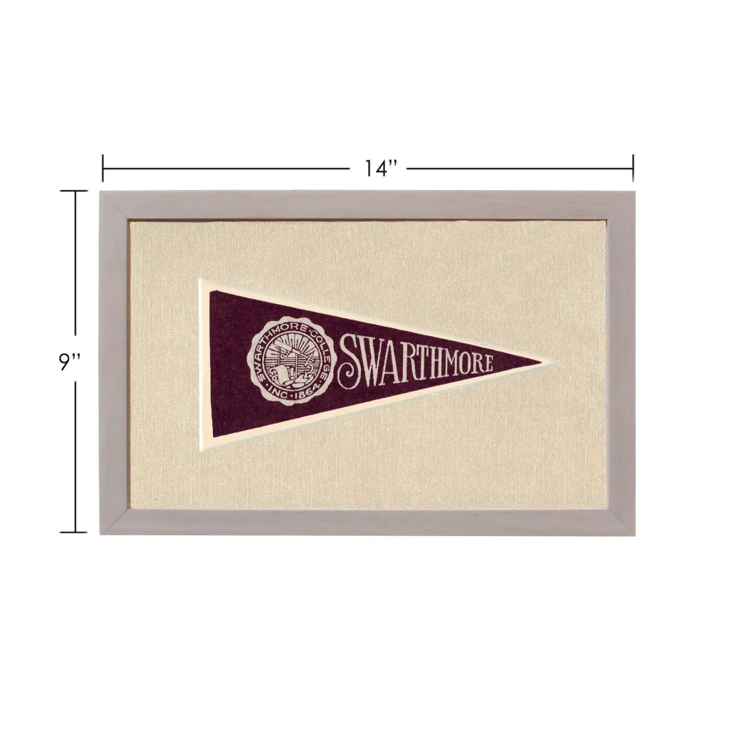 Vintage Swarthmore College pennant in maroon and cream, gray frame