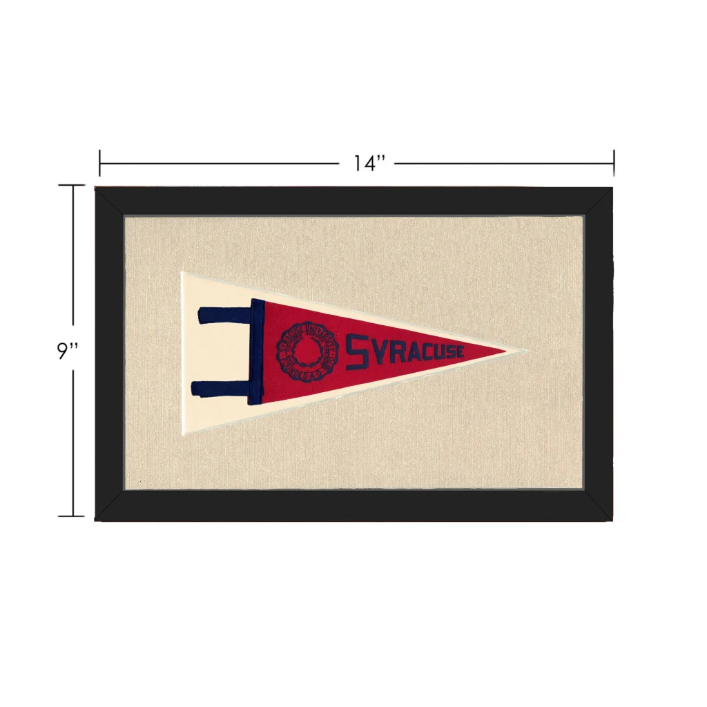 Vintage Syracuse University pennant in red and navy blue, framed