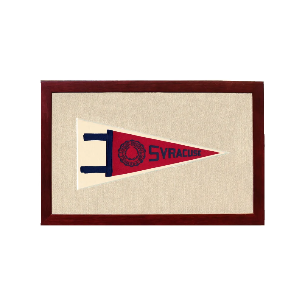 Vintage Syracuse University pennant in red and navy blue, framed